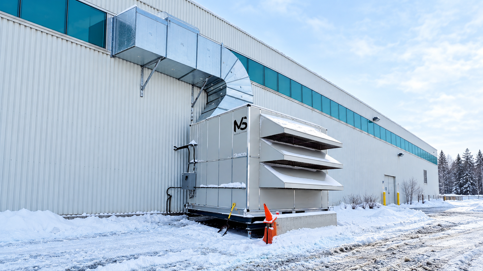 Custom air handling unit installed against a building